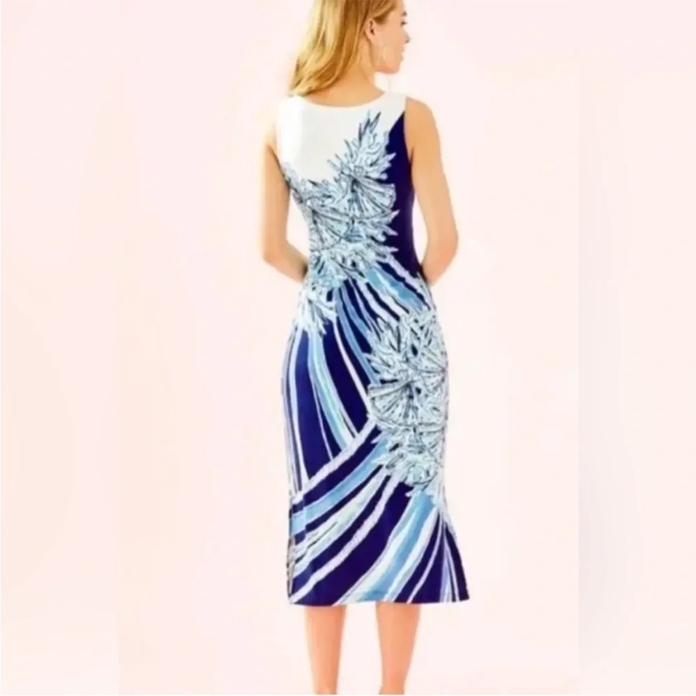 NWT L Lilly Pulitzer Mercer Midi Dress Deep Sea Navy- Hooked on a Feeling Engine - Picture 2 of 4